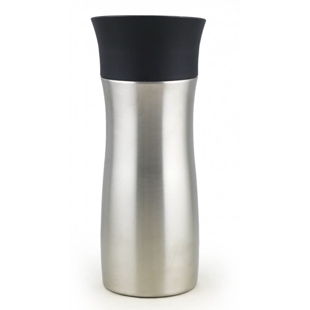 Side view of stainless steel Dorsch vacuum mug with black top 300ml