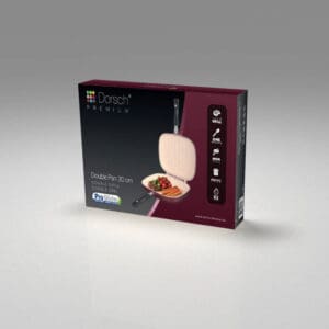 Retail box of Dorsch double grill pan 30cm showing non stick double grill design