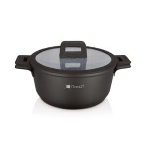 Black Dorsch casserole pot with glass lid and side handles, available in multiple sizes from 18cm to 40cm