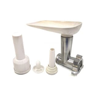 Dorsch meat grinder and sausage maker attachment set for kitchen machine with feed tray and tubes