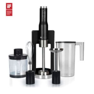 Dorsch hand blender 800W mounted on food chopper bowl with transparent measuring jug beside it, iF Design Award 2019.