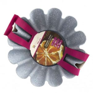 Dorsch flower cake pan with packaging sleeve showing baked flower cake