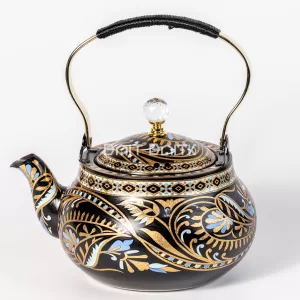 إبريق شاي مزخرف أسود مع زخارف ذهبية وزرقاء سعة 1.5 لتر