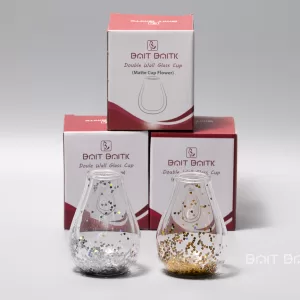 Two Bait Baitk double wall glass cups with silver and gold heart glitter and red boxes