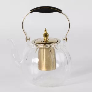 إبريق شاي زجاج بوروسيليكات مع مصفاة ستانلس وغطاء ذهبي