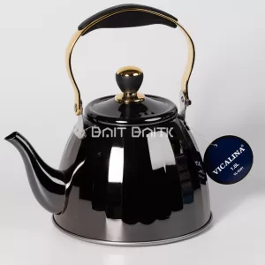 إبريق شاي ستانلس فيكالينا 1 لتر أسود مع تفاصيل ذهبية – منظر أمامي